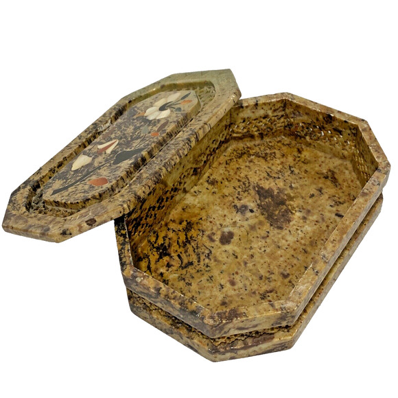 Trinket Jewelry Box & Lid Carve Stone Marble Mother of Pearl Inlay Flower Design - Picture 4 of 11